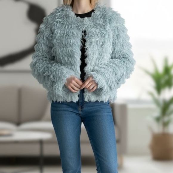 Women's Shaggy Faux Fur Jacket - Light Green - Picture 1 of 7